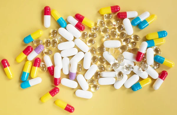 Colorful Pills Capsules Yellow Background Medical Background — Stock Photo, Image