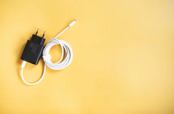 Electric Plug White Cable Yellow Background — Stock Photo, Image