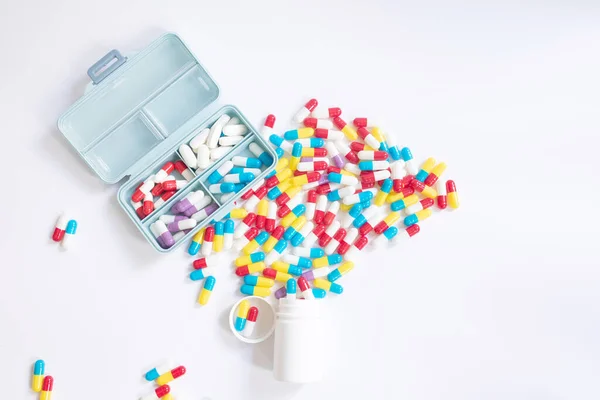Group Assorted Color Tablets Pills Spilling Out White Bottle Light — Stock Photo, Image