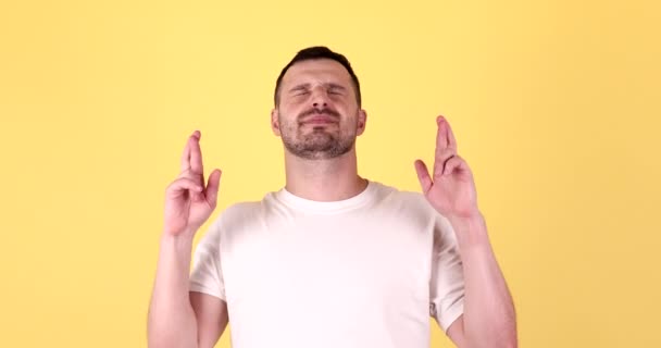 Happy Joyful Caucasian Man Fingers Crossed Making Wish Celebrating Success — Stock Video