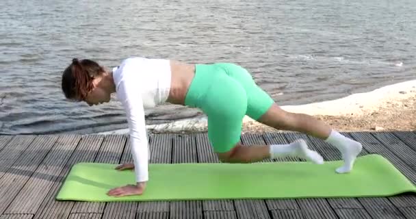 Femme Sportive Concentrée Entraînant Planches Debout Plein Air Sur Tapis — Video
