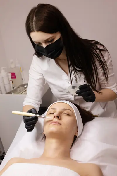 Beautician Applies Hydro Gel Mask Young Woman Face Laser Treatment Stock Image