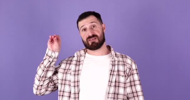 Man Showing Bla Bla Bla Gesture Purple Background Empty Promises — Stock Video