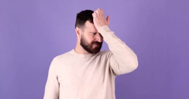 Sad Tired Young Man Hand Facepalm Gesture Isolated Yellow Background — Stock Video