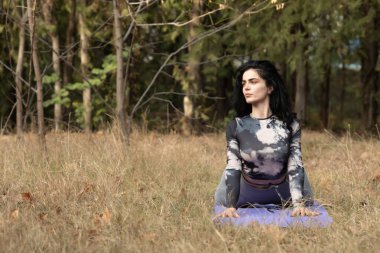 Güz parkında yoga egzersizi yapan güzel bir kadın. Ormanda tek başına yoga yapan güzel bir kadın..