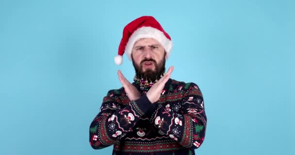 Upset Bearded Man Santa Hat Frowning Asking Stop Making Gesture — Stock Video