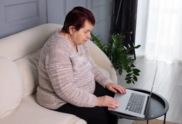 Ofiste Bilgisayar Kullanan Yaşlı Bir Kadının Portresi Uzaktan Çalışma Konsepti — Stok fotoğraf