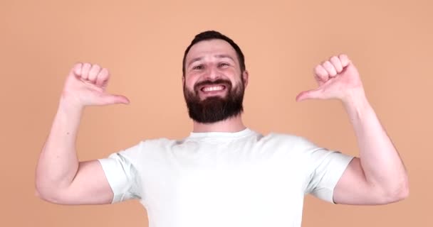 Portrait Handsome Young Bearded Man Showing Pick Gesture Smiling Camera — Stock Video
