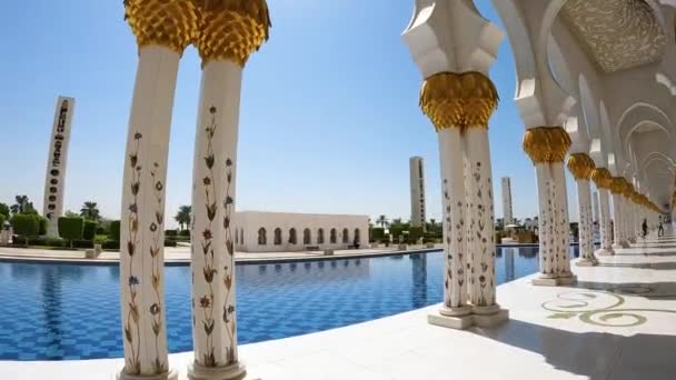Een Prachtig Wit Gebouw Met Gouden Accenten Een Groot Zwembad — Stockvideo