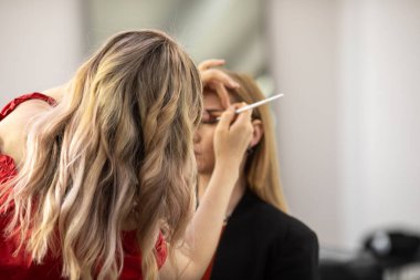 Makyaj sanatçısı genç ve güzel bir kadınla profesyonel makyaj yapıyor..        