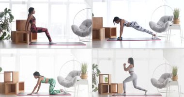 Kolaj seti. Evde spor yapan genç bir kadın. Evde fitness çalışması.                  