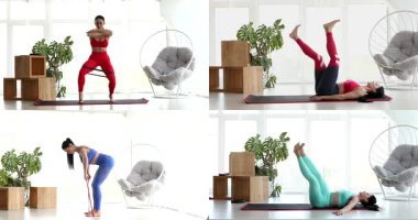 Kolaj seti. Evde spor yapan genç bir kadın. Evde fitness çalışması.                                