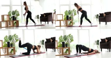Kolaj seti. Evde spor yapan genç bir kadın. Evde fitness çalışması.                
