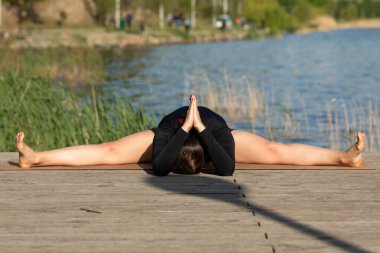 Odaklanmış genç bayan gölün kenarında yoga pozu veriyor.                           
