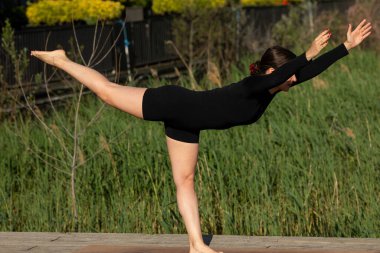 Odaklanmış genç bayan gölün kenarında yoga pozu veriyor.                           