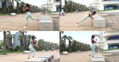 Genç ve güzel Afrikalı Amerikalı kadın kolajı ısınıyor ve dışarıda egzersiz yapıyor.