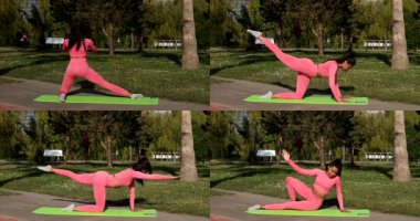 Pembe spor giyimli, pantolonlu ve üstsüz çekici bir kadın parkta spor paspası üzerinde egzersiz yapıyor. Kolaj    