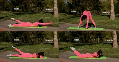 Pembe spor giyimli, pantolonlu ve üstsüz çekici bir kadın parkta spor paspası üzerinde egzersiz yapıyor. Kolaj    