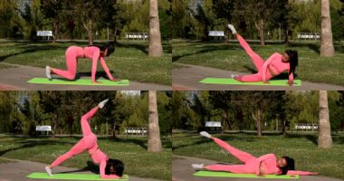 Pembe spor giyimli, pantolonlu ve üstsüz çekici bir kadın parkta spor paspası üzerinde egzersiz yapıyor. Kolaj    