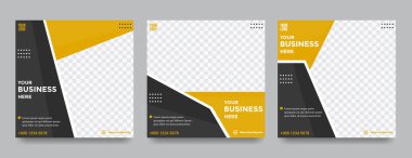 Sosyal medya reklamı için düzenlenebilir şablon iletisi. Promosyon tasarımı için sarı ve siyah renkli web reklamları.