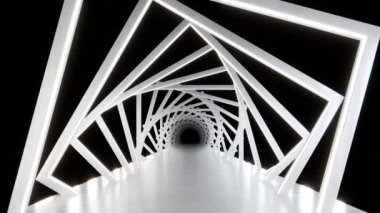 Endless Tunnel of White Squares on Black background.Moving forward through a mesmerizing tunnel of white frames. 3D-rendered, seamless, looped 4K animation. 