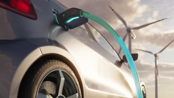 Yel Değirmenlerinin Arka Planında Elektrikli Araba Şarjı Boyutlu Görselleştirme Elektrikli — Stok video