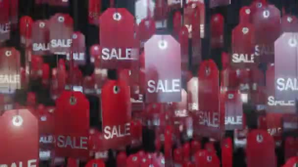 赤い販売タグ 文字列 黒い背景を持つロープで回転する赤い販売タグの束を持つ可視的な映像 コマーシャル プロモーションビデオ ソーシャルメディアで使用するのに最適です ウルトラHd 3840X2160アニメーション — ストック動画