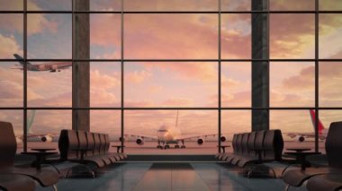 Gün batımında inen bir uçağın sinematik görüntüsü, geniş bir havaalanı terminali penceresinden görülüyor. Bekleme salonunun içinde banklar ve salonda kimse yok. Ultra HD 4K 3840x2160 CG Canlandırması