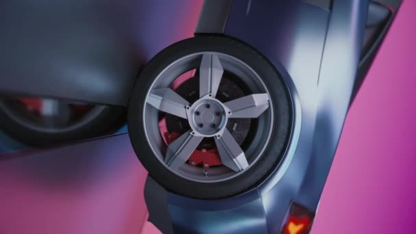 Close Sports Car Wheel Blue Pink Backgroundrotating View Modern Car — Stok Video