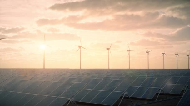 Устойчивое Производство Энергии Рассвете Демонстрируя Солнечные Батареи Ветряные Турбины Ферме — стоковое видео