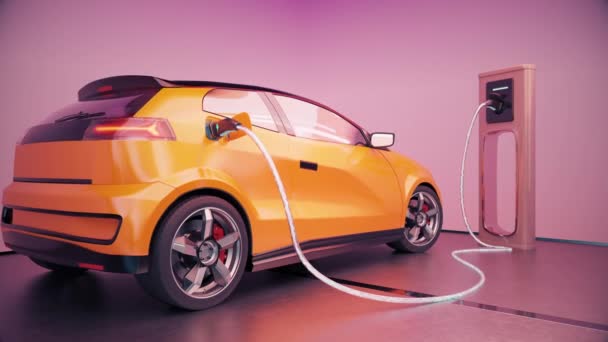Стильный Желтый Электромобиль Подключен Зарядной Станции Ярко Розовым Backdrop Ultra — стоковое видео