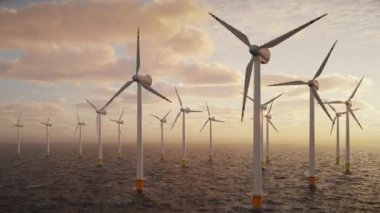 Gün batımında okyanustaki açık deniz rüzgar türbinlerinin hava görüntüsü. Ultra HD 4K animasyonu