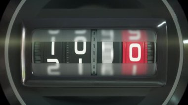 10 'dan 0' a dönen mekanik sayaç ile dinamik geri sayım sekansı Endüstriyel sayı ekranı. Retro mekanik dönme sayacı ve dramatik yavaş zoom. Ultra HD 4K animasyonu
