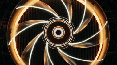 Modern GPU Soğutma Hayranları Animasyonu. Sıcak turuncu ışıklı, şeffaf bir grafik kartın yakın plan animasyonu. Son bölüm düzgün bir şekilde dönüyor. Ultra HD 4K animasyonu.