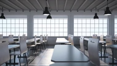 Modern, boş bir sınıf ya da konferans salonu. Sıralar dolusu masa ve sandalye. Eğitim, üniversite ve okula dönüş konseptleri veya çevrimiçi kurslar için idealdir. Ultra HD 4K 3840x2160 3D çevrilebilir animasyon.