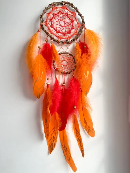 Close Red Orange Dreamcatcher Details Tribal Bohemian Craft Wall Hanging — Stock Photo, Image
