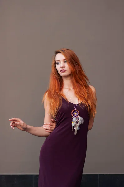 Portrait Beautiful Slim Redhead Girl Wine Boho Chic Dress Handmade — Stock Photo, Image