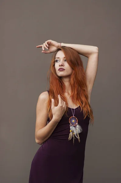 Portrait Beautiful Slim Redhead Girl Wine Boho Chic Dress Handmade — Stock Photo, Image