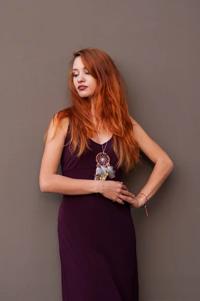 Portrait Beautiful Slim Redhead Girl Wine Boho Chic Dress Handmade Stock Image