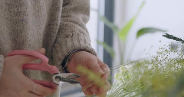 Mãos Fazer Arranjo Floral Mulher Fazendo Novo Buquê Menina Trabalhando — Vídeo de Stock