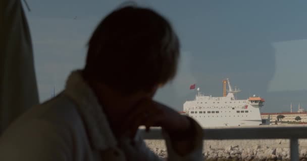 Young Stylish Hipster Man Rides Passenger Ship Sea Ferry Sails — Stock Video