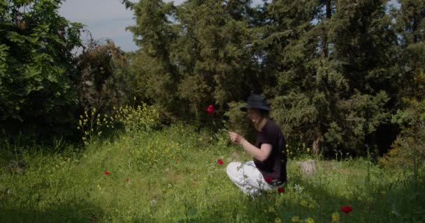 Dziewczyna Zbiera Latem Dzikie Kwiaty Łące Lesie Zielarz Zbiera Rośliny — Wideo stockowe