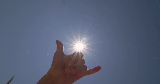 男人的手表现出经典的沙卡夏威夷冲浪者的问候 爱情的象征 称呼手势用手指 阳光灿烂的天空背景 高质量的4K镜头 — 图库视频影像