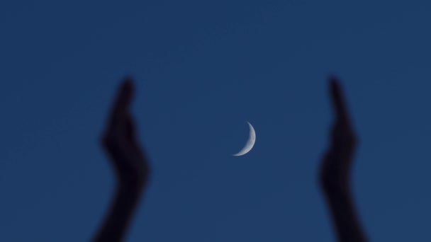 慢动作视频 手抓半月形 在宁静的夜空中 一轮满月被照亮 从一个较低的角度展现了它美丽的几何表面 高质量的4K镜头 — 图库视频影像