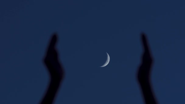 慢动作视频 手抓半月形 在宁静的夜空中 一轮满月被照亮 从一个较低的角度展现了它美丽的几何表面 高质量的4K镜头 — 图库视频影像