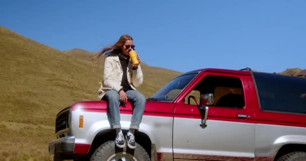 Attractive Long Haired Girl Drinking Drink Thermos Thermo Mugs While — Stock Video