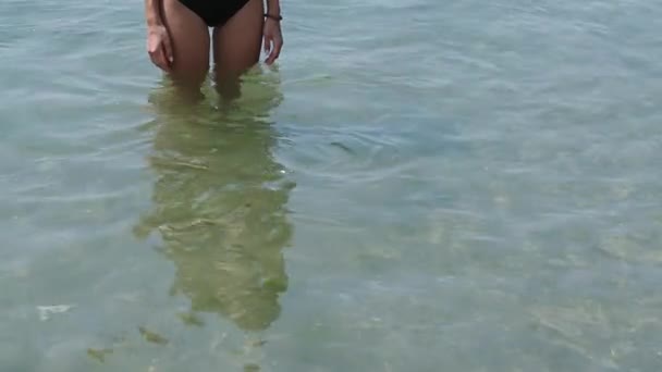 Woman Adorned Bathing Suit Emerges Elegance Serenity Gentle Embrace Ocean — Stock Video