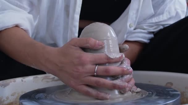 Girl Ceramic Artist Makes Vase Potters Wheel Women Artists Creating — Stock Video