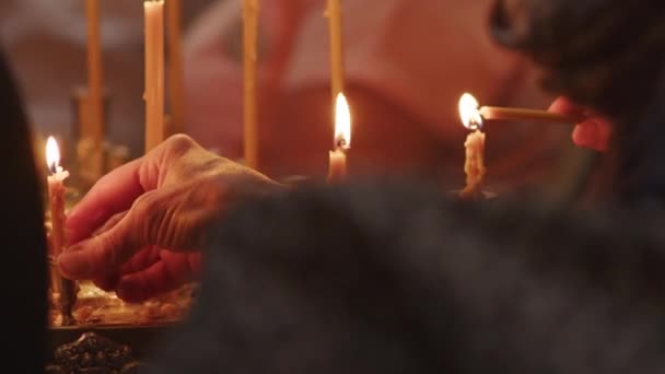 Young Girls Hold Church Candles Hands While Praying Dark Praying — Stock Video