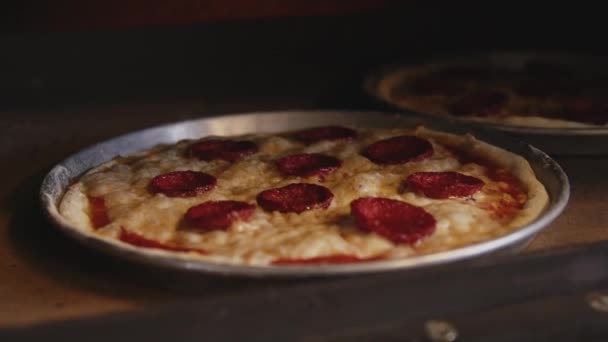 Hombre Delantal Está Poniendo Pizza Cruda Horno Pizza Leña Cocinar — Vídeo de stock